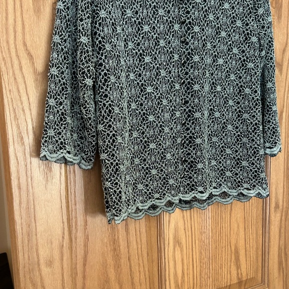 Dress Barn Pull Over Scalloped Top- Black with Silver Designs- V-Necked - Picture 5 of 7